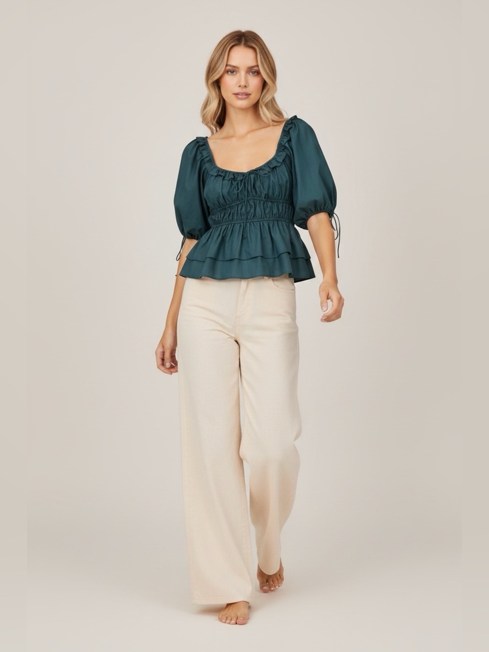 En Saison Puff Sleeve Peplum Top Green Off Shoulder XS